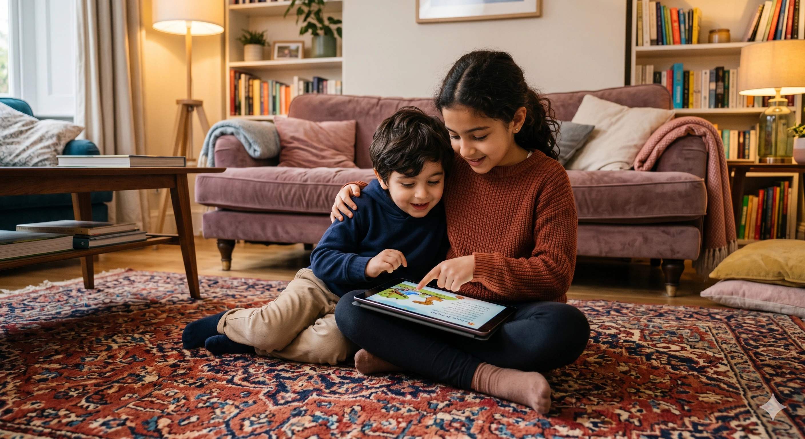 Two siblings reading a storybook on the carpet together